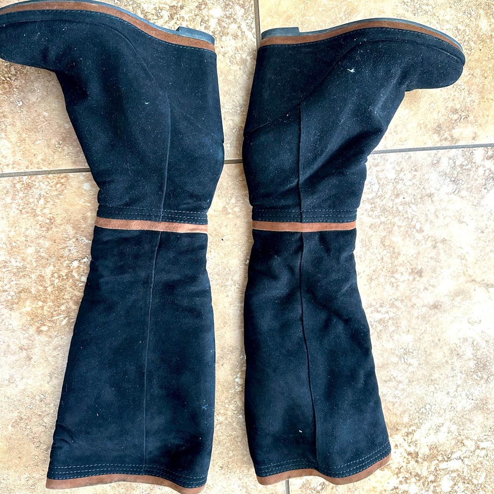 Women's Black Suede Mid-Calf Heeled Boots with Brown Trim
